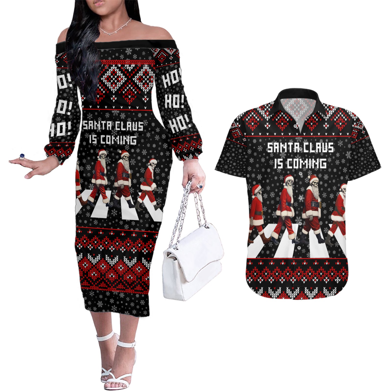 Skeleton Santa Claus Couples Matching Off The Shoulder Long Sleeve Dress and Hawaiian Shirt Santa Claus Is Coming Cross Street - Wonder Print Shop