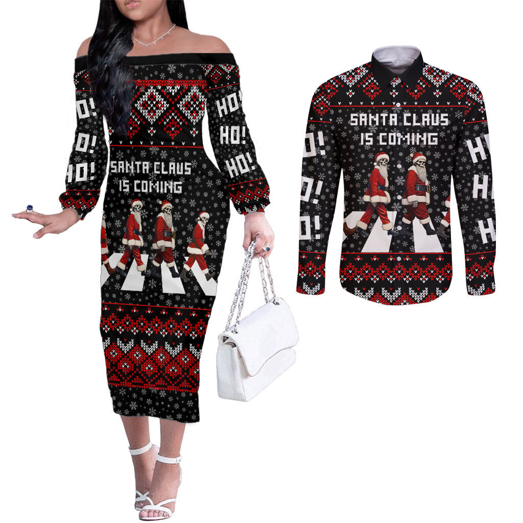 skeleton-santa-claus-couples-matching-off-the-shoulder-long-sleeve-dress-and-long-sleeve-button-shirt-santa-claus-is-coming-cross-street