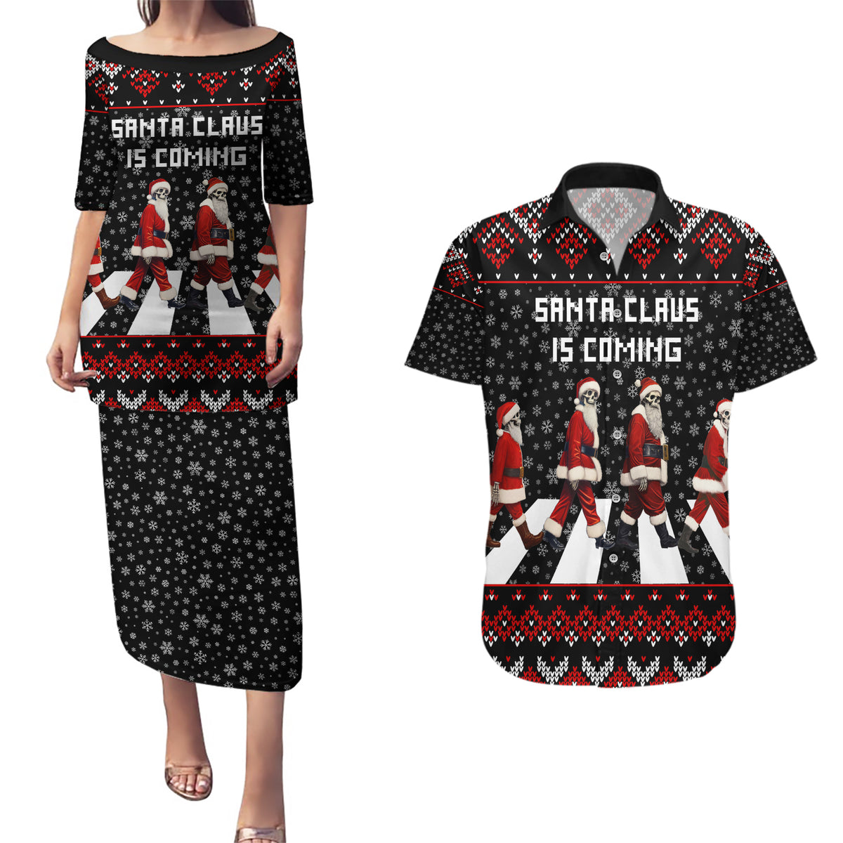 Skeleton Santa Claus Couples Matching Puletasi Dress and Hawaiian Shirt Santa Claus Is Coming Cross Street - Wonder Print Shop