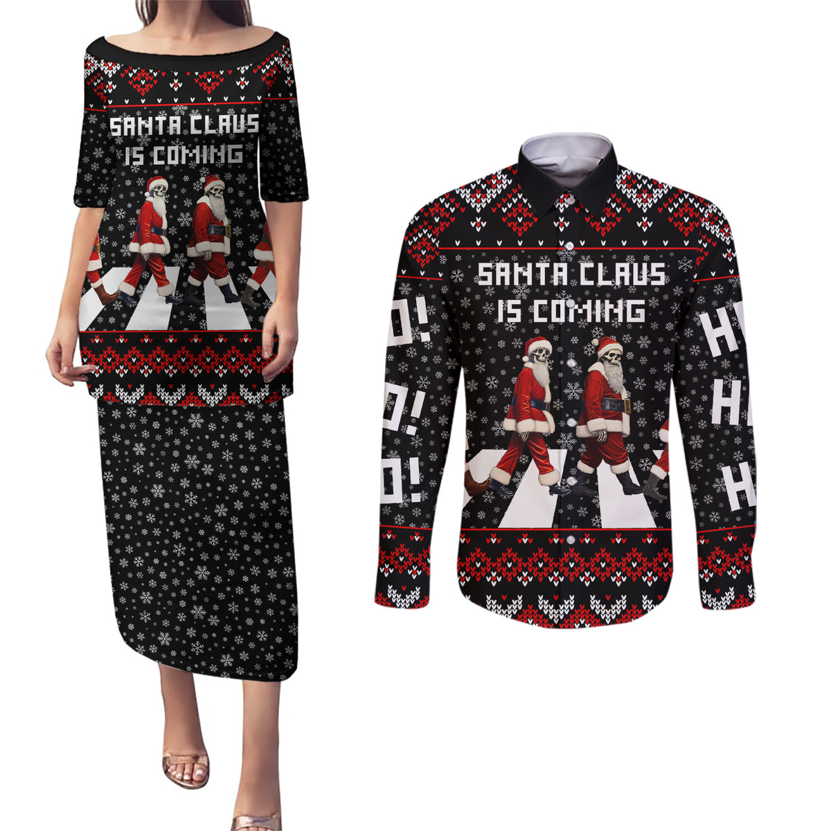 Skeleton Santa Claus Couples Matching Puletasi Dress and Long Sleeve Button Shirt Santa Claus Is Coming Cross Street - Wonder Print Shop