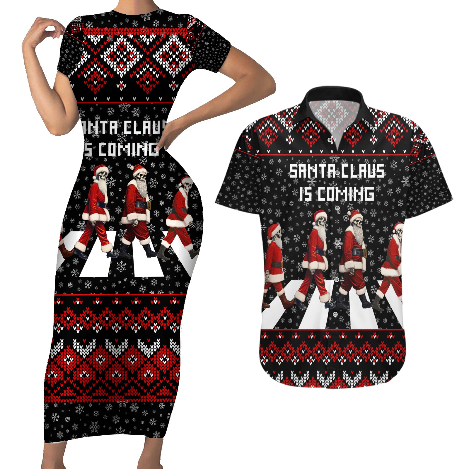Skeleton Santa Claus Couples Matching Short Sleeve Bodycon Dress and Hawaiian Shirt Santa Claus Is Coming Cross Street - Wonder Print Shop