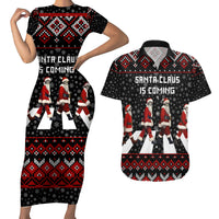 Skeleton Santa Claus Couples Matching Short Sleeve Bodycon Dress and Hawaiian Shirt Santa Claus Is Coming Cross Street - Wonder Print Shop