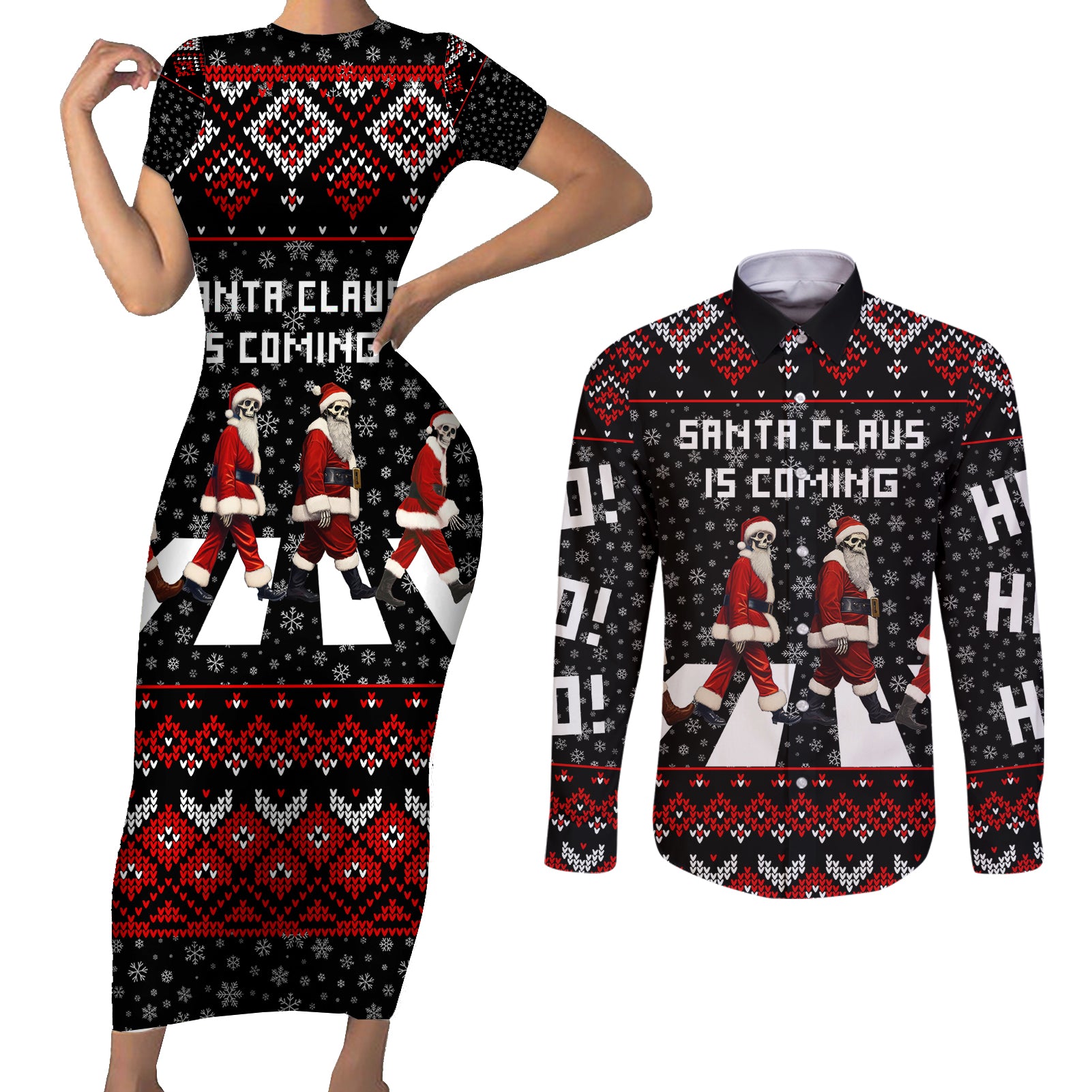 Skeleton Santa Claus Couples Matching Short Sleeve Bodycon Dress and Long Sleeve Button Shirt Santa Claus Is Coming Cross Street - Wonder Print Shop
