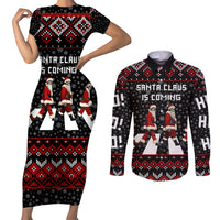 Skeleton Santa Claus Couples Matching Short Sleeve Bodycon Dress and Long Sleeve Button Shirt Santa Claus Is Coming Cross Street - Wonder Print Shop