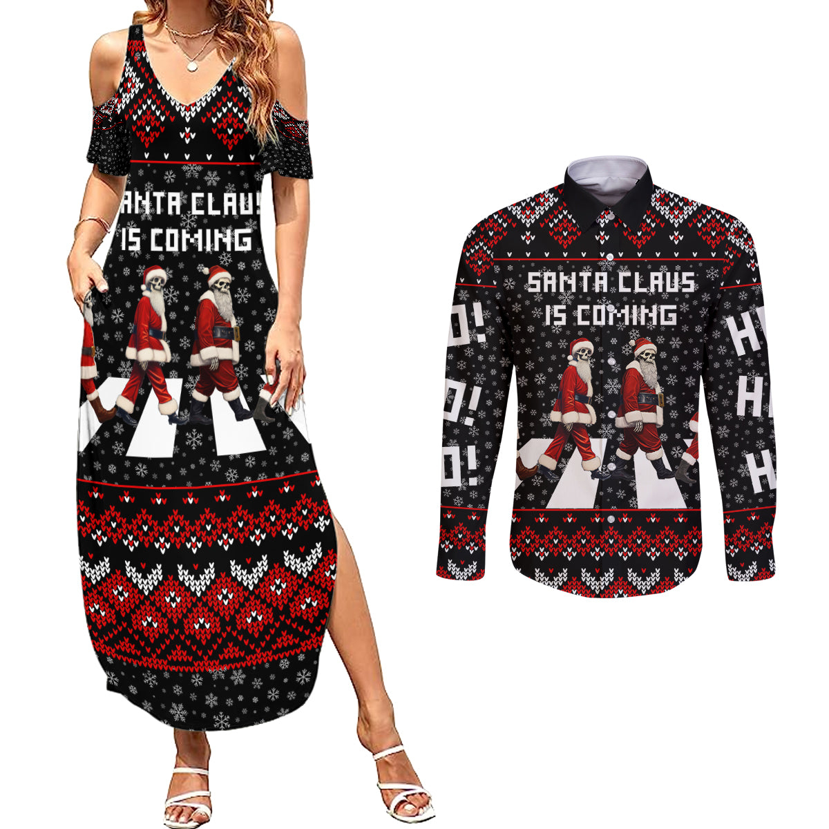 Skeleton Santa Claus Couples Matching Summer Maxi Dress and Long Sleeve Button Shirt Santa Claus Is Coming Cross Street - Wonder Print Shop