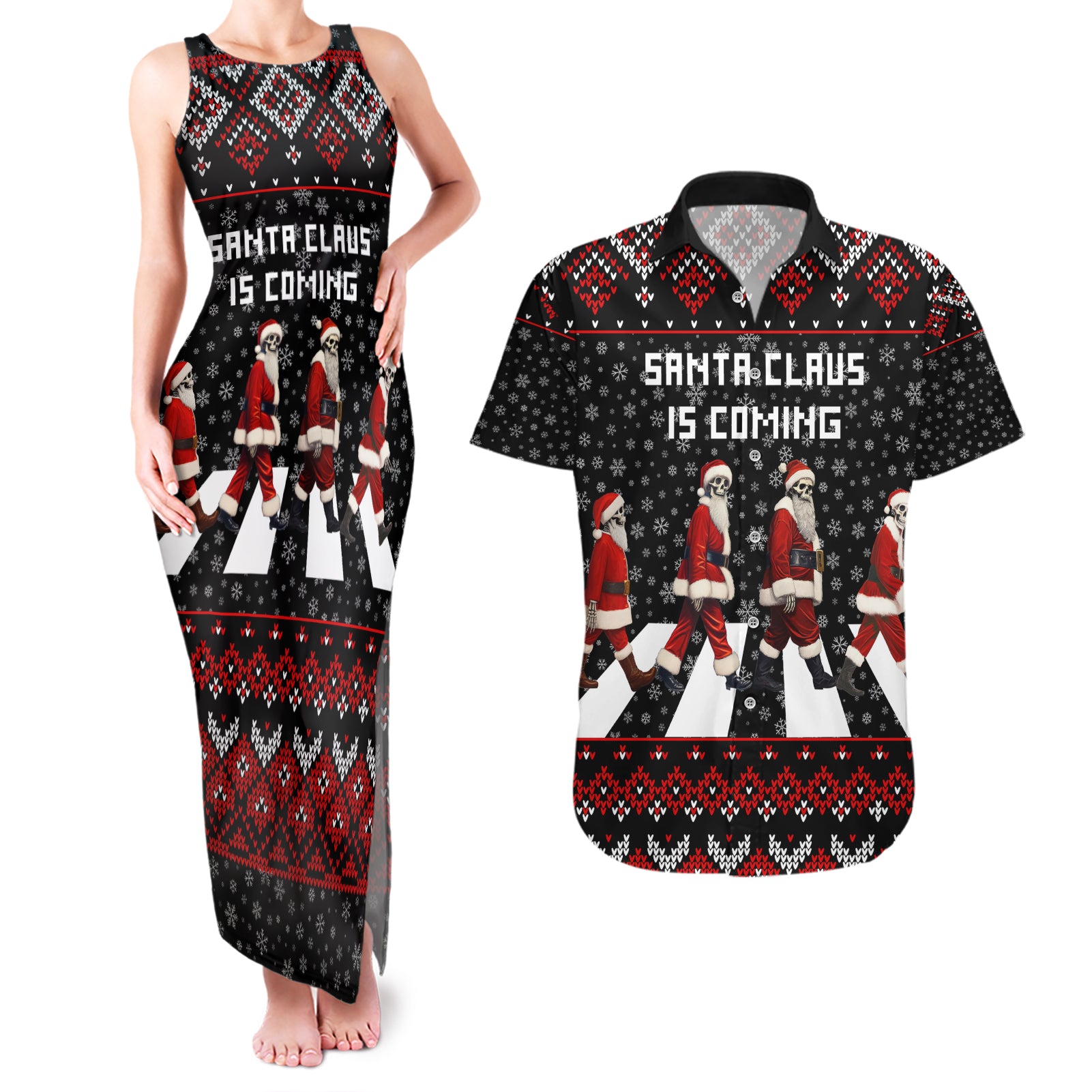 Skeleton Santa Claus Couples Matching Tank Maxi Dress and Hawaiian Shirt Santa Claus Is Coming Cross Street - Wonder Print Shop