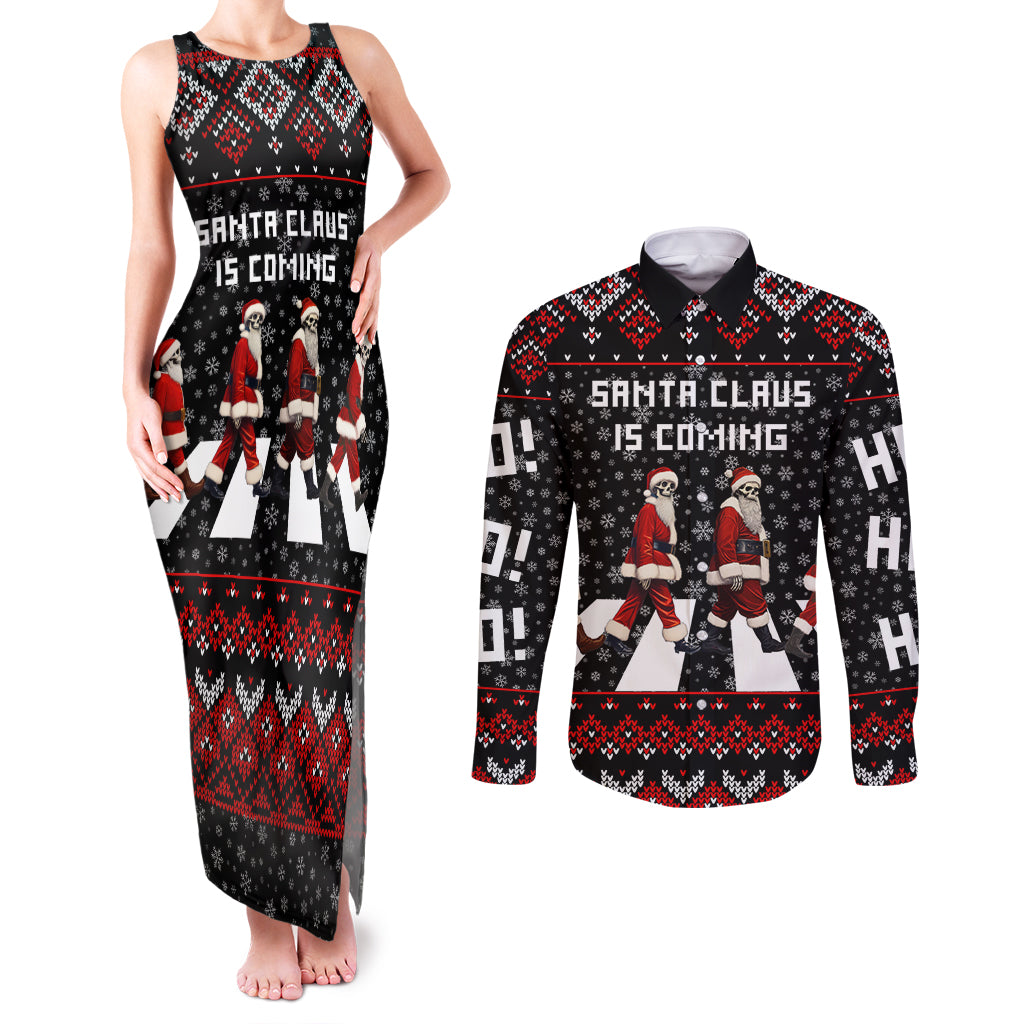 Skeleton Santa Claus Couples Matching Tank Maxi Dress and Long Sleeve Button Shirt Santa Claus Is Coming Cross Street - Wonder Print Shop