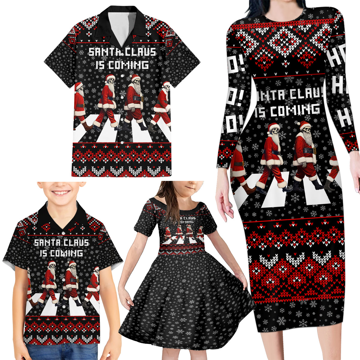 Skeleton Santa Claus Family Matching Long Sleeve Bodycon Dress and Hawaiian Shirt Santa Claus Is Coming Cross Street - Wonder Print Shop