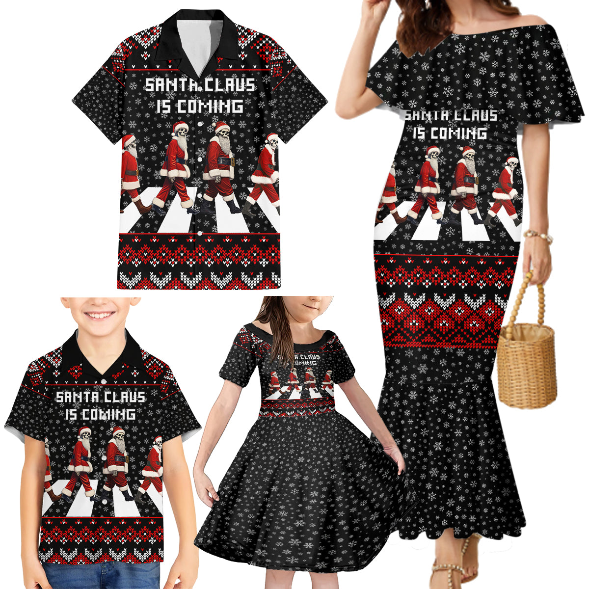 Skeleton Santa Claus Family Matching Mermaid Dress and Hawaiian Shirt Santa Claus Is Coming Cross Street - Wonder Print Shop