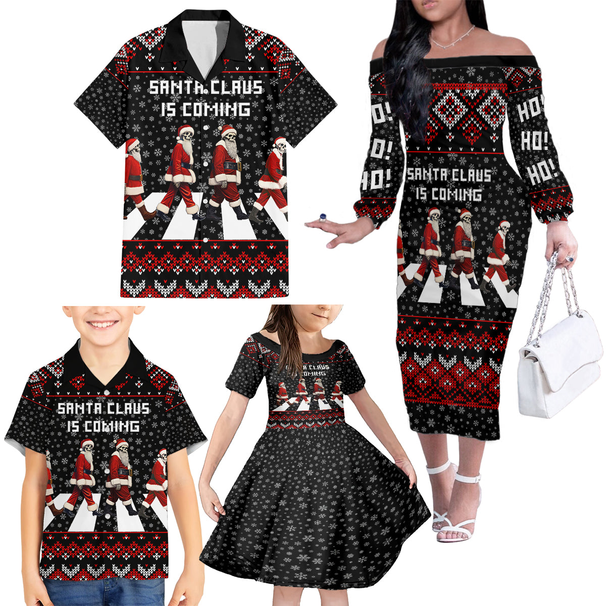 Skeleton Santa Claus Family Matching Off Shoulder Long Sleeve Dress and Hawaiian Shirt Santa Claus Is Coming Cross Street - Wonder Print Shop
