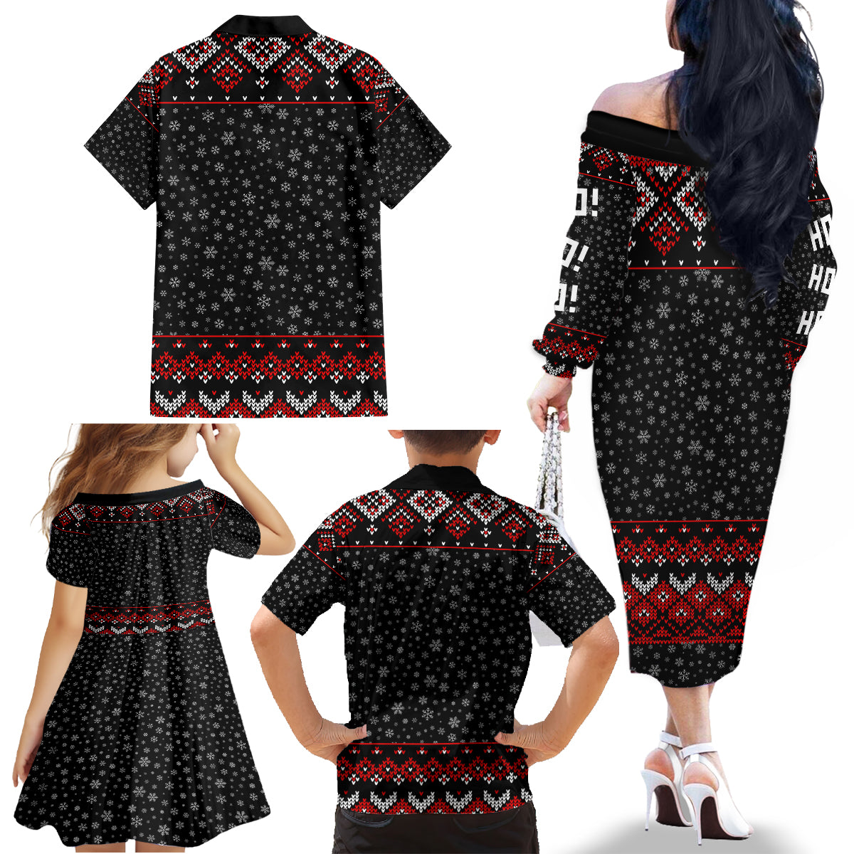 Skeleton Santa Claus Family Matching Off Shoulder Long Sleeve Dress and Hawaiian Shirt Santa Claus Is Coming Cross Street - Wonder Print Shop