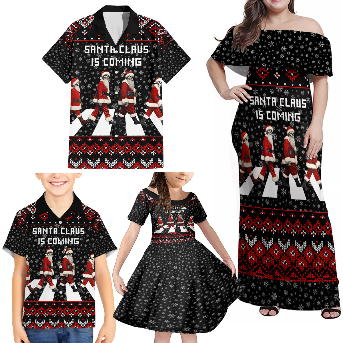 Skeleton Santa Claus Family Matching Off Shoulder Maxi Dress and Hawaiian Shirt Santa Claus Is Coming Cross Street - Wonder Print Shop