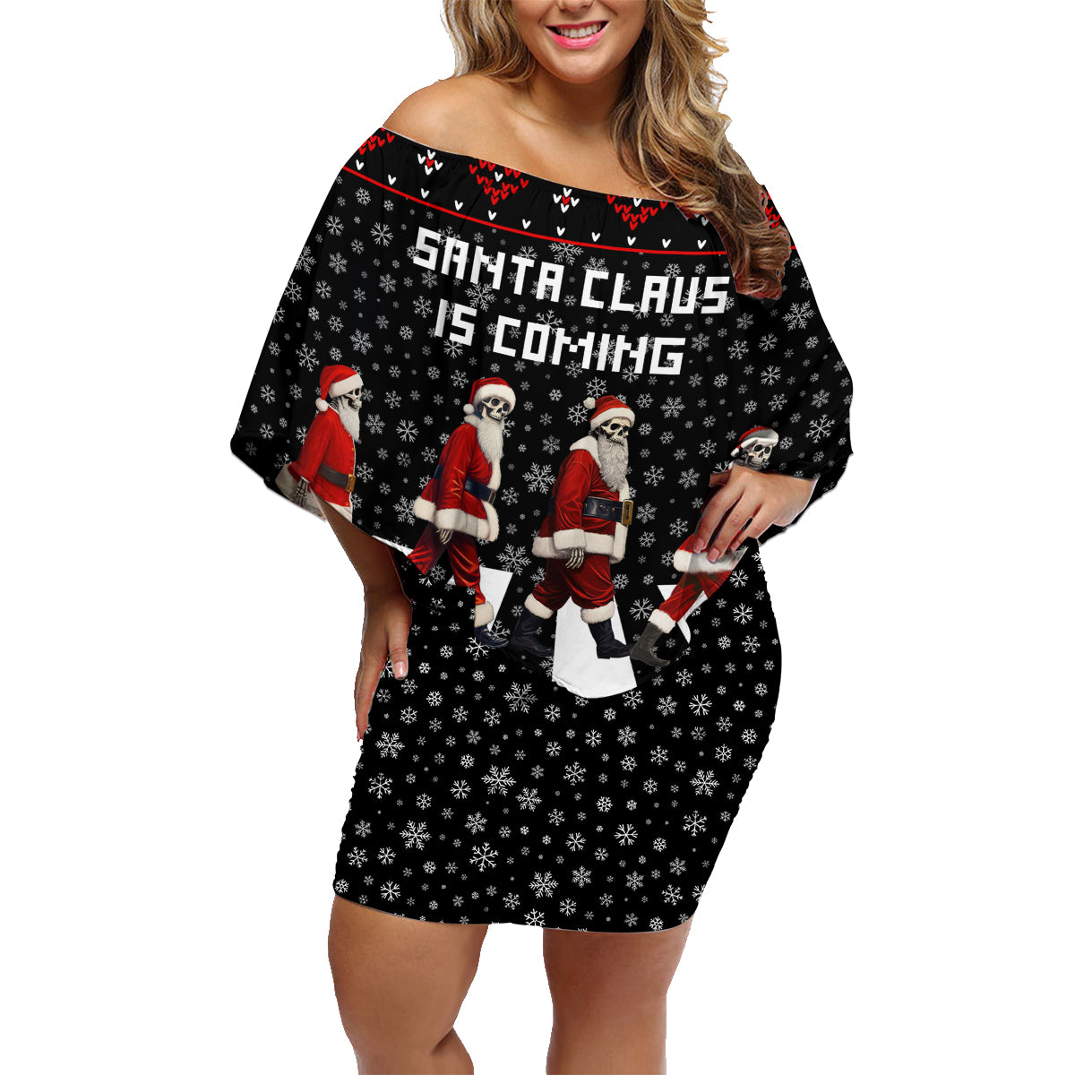 Skeleton Santa Claus Family Matching Off Shoulder Short Dress and Hawaiian Shirt Santa Claus Is Coming Cross Street - Wonder Print Shop