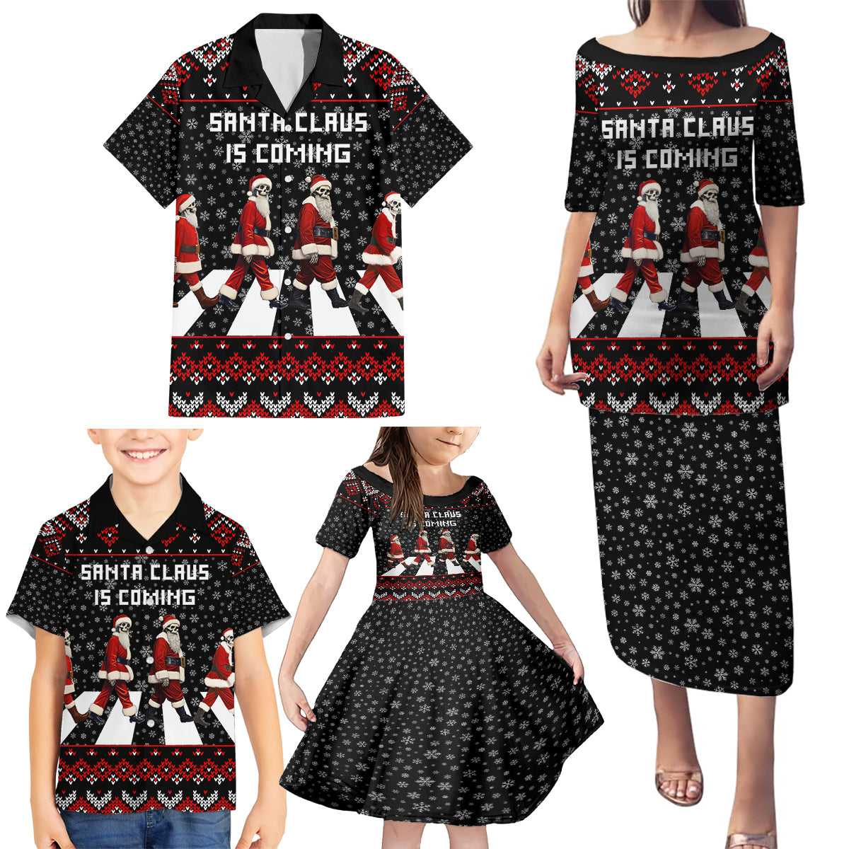 Skeleton Santa Claus Family Matching Puletasi Dress and Hawaiian Shirt Santa Claus Is Coming Cross Street - Wonder Print Shop