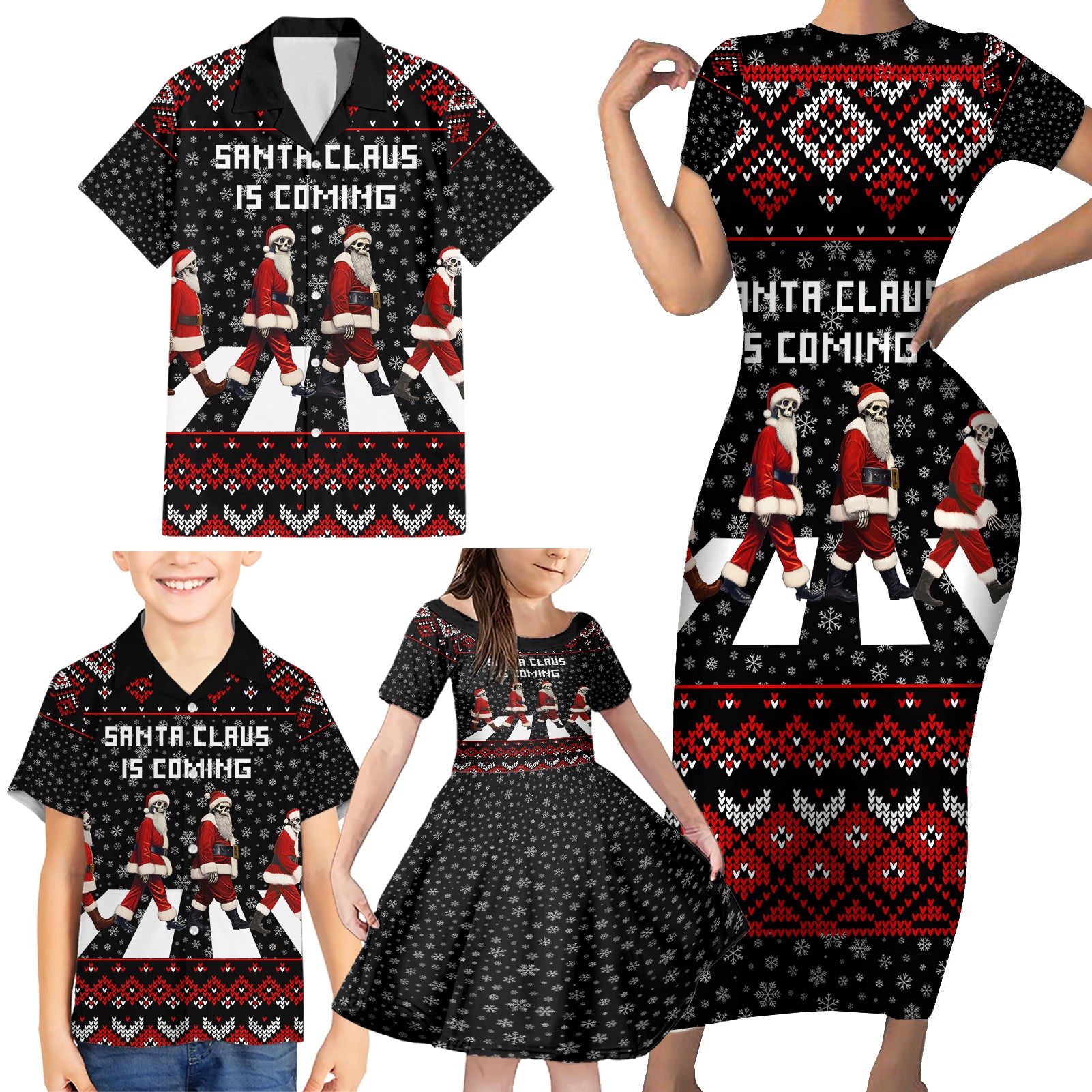 Skeleton Santa Claus Family Matching Short Sleeve Bodycon Dress and Hawaiian Shirt Santa Claus Is Coming Cross Street - Wonder Print Shop