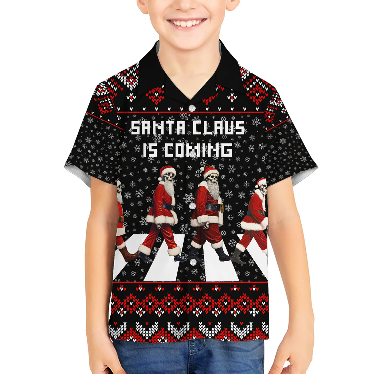Skeleton Santa Claus Family Matching Short Sleeve Bodycon Dress and Hawaiian Shirt Santa Claus Is Coming Cross Street - Wonder Print Shop