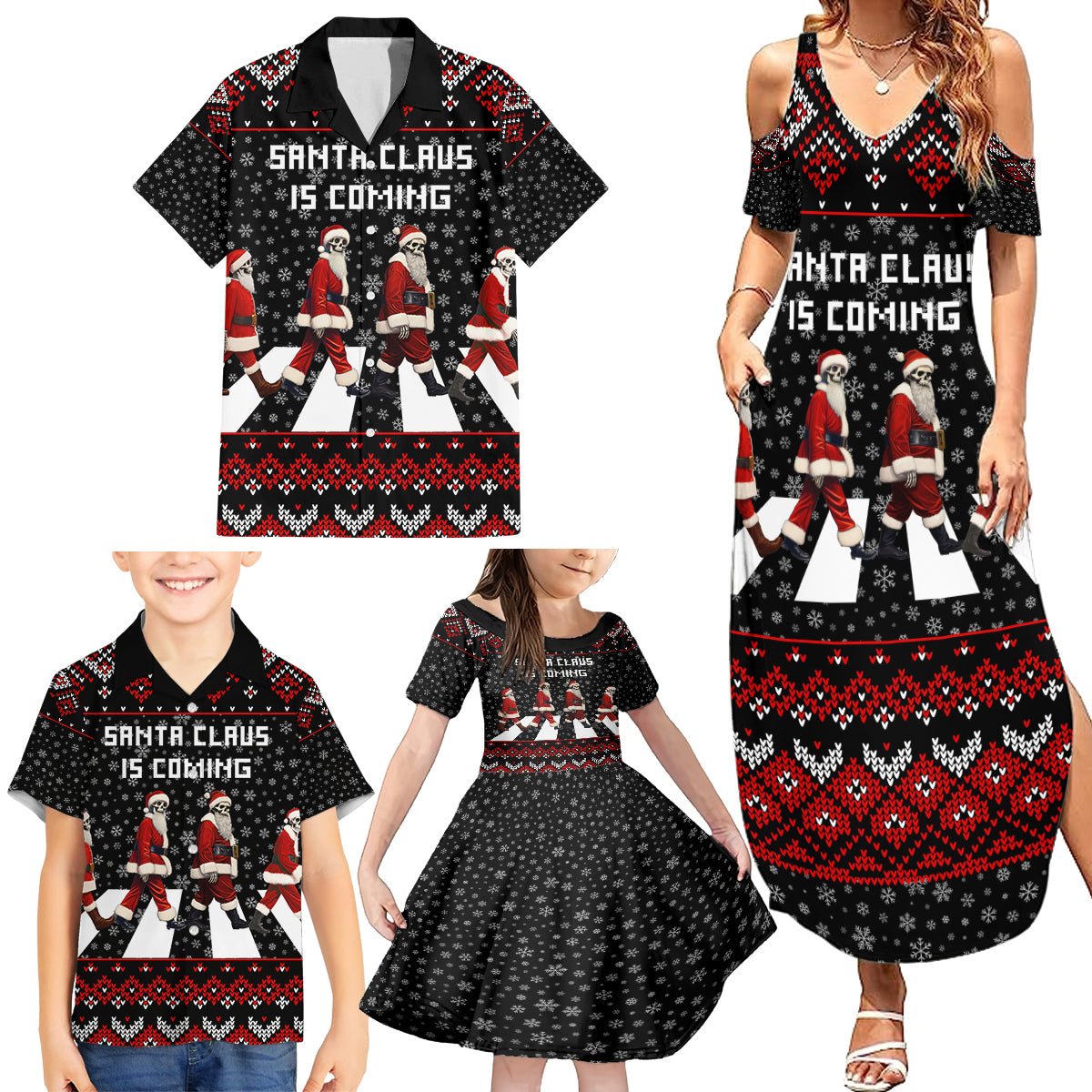 Skeleton Santa Claus Family Matching Summer Maxi Dress and Hawaiian Shirt Santa Claus Is Coming Cross Street - Wonder Print Shop