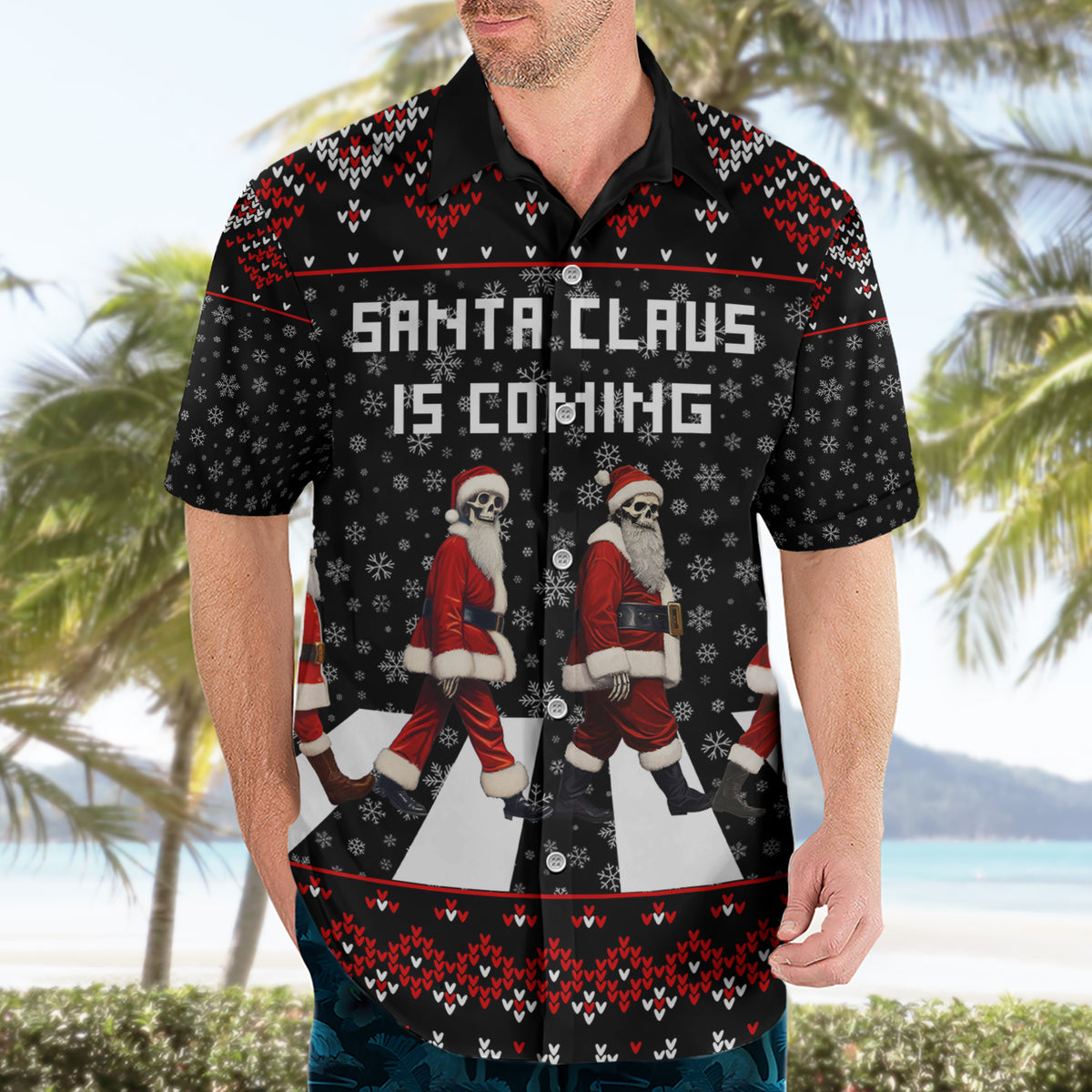 Skeleton Santa Claus Hawaiian Shirt Santa Claus Is Coming Cross Street - Wonder Print Shop