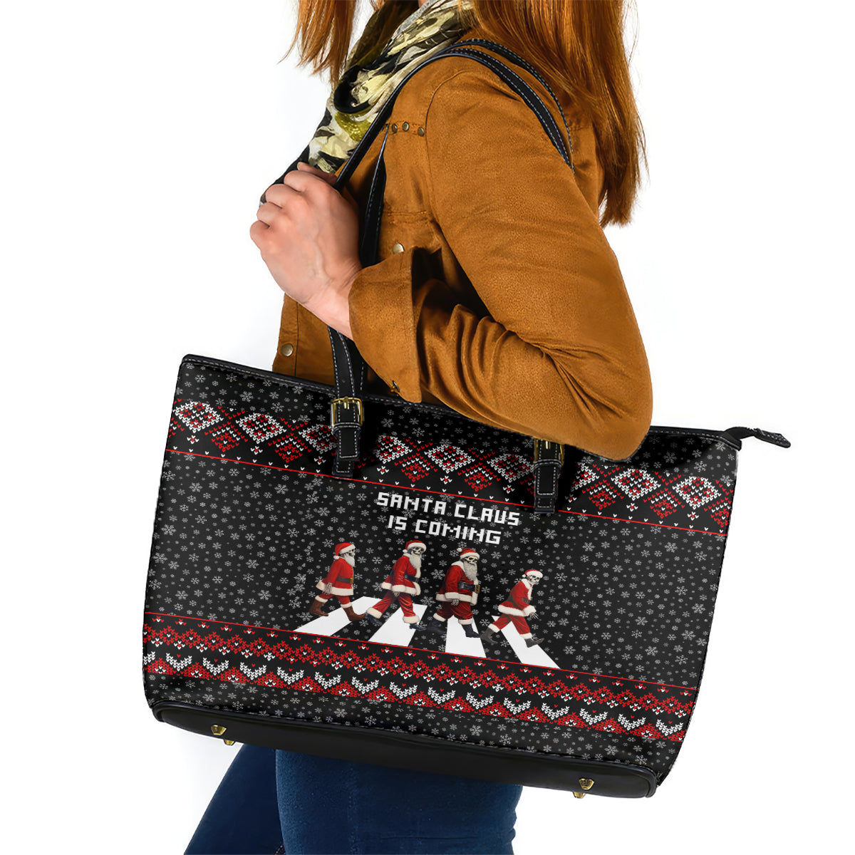 Skeleton Santa Claus Leather Tote Bag Santa Claus Is Coming Cross Street - Wonder Print Shop