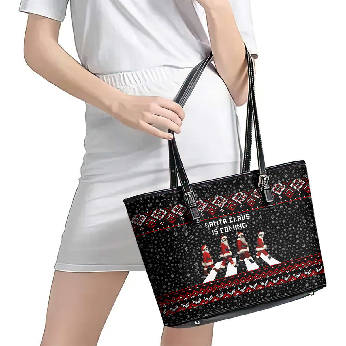 Skeleton Santa Claus Leather Tote Bag Santa Claus Is Coming Cross Street - Wonder Print Shop