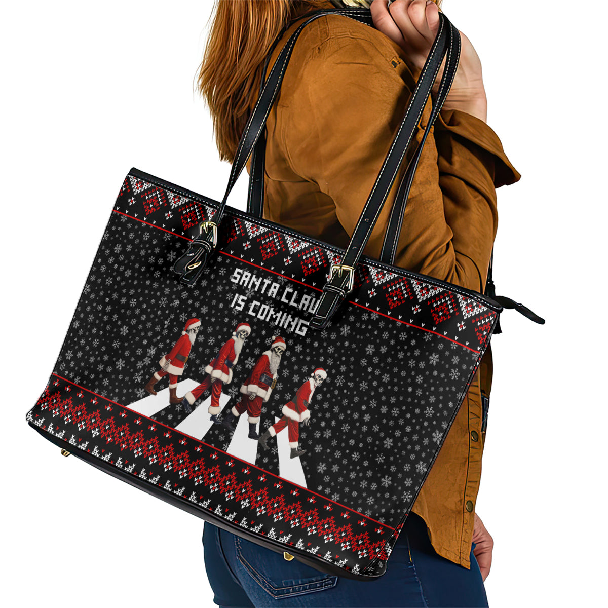 Skeleton Santa Claus Leather Tote Bag Santa Claus Is Coming Cross Street - Wonder Print Shop