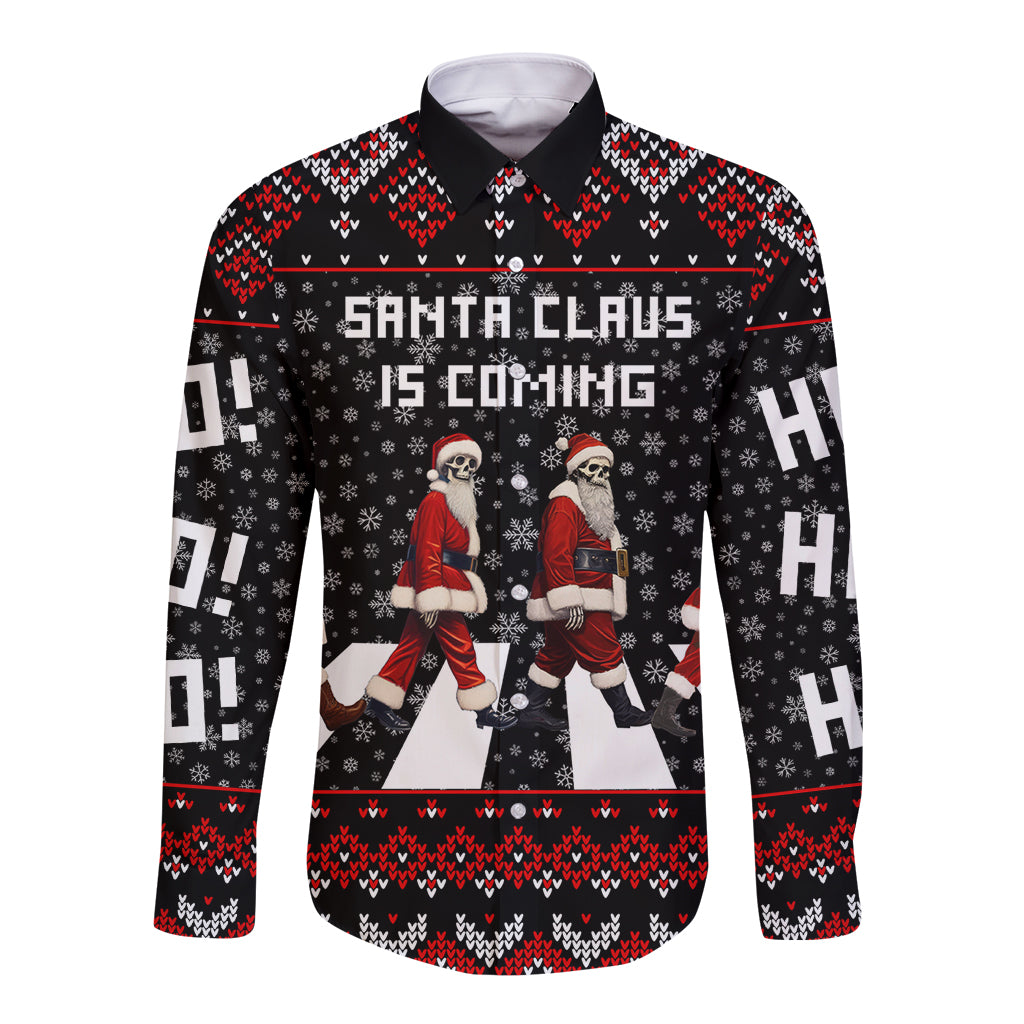 Skeleton Santa Claus Long Sleeve Button Shirt Santa Claus Is Coming Cross Street - Wonder Print Shop