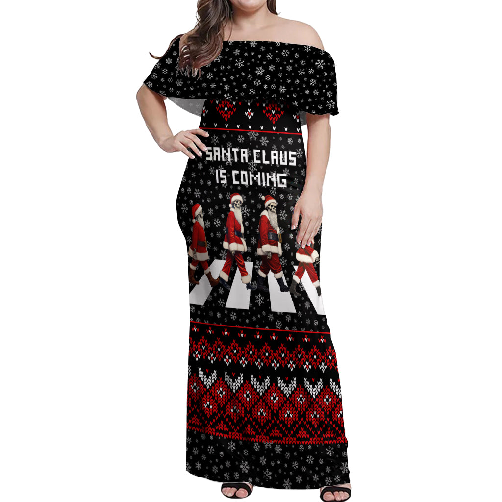 Skeleton Santa Claus Off Shoulder Maxi Dress Santa Claus Is Coming Cross Street - Wonder Print Shop