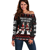 Skeleton Santa Claus Off Shoulder Sweater Santa Claus Is Coming Cross Street - Wonder Print Shop