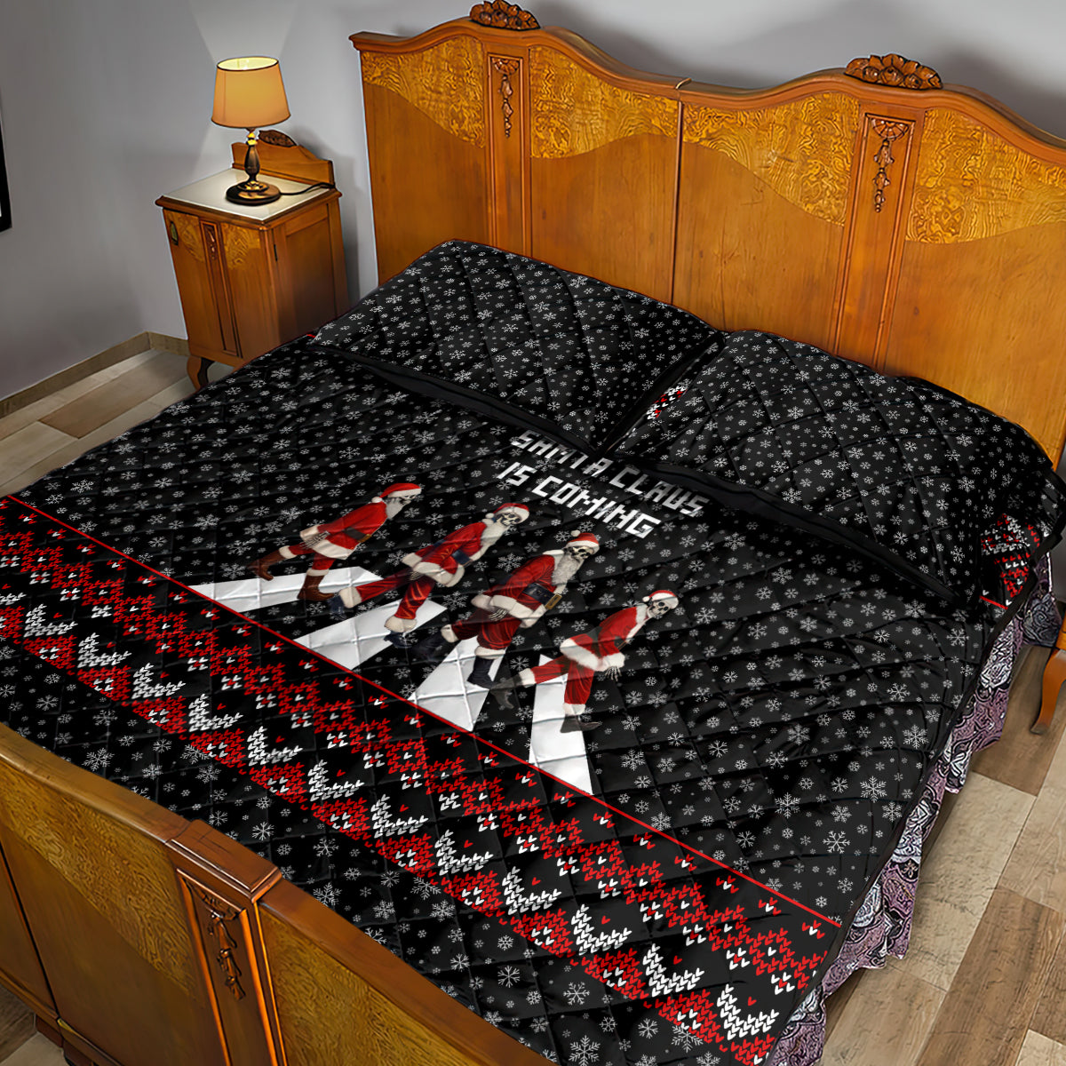 Skeleton Santa Claus Quilt Bed Set Santa Claus Is Coming Cross Street - Wonder Print Shop