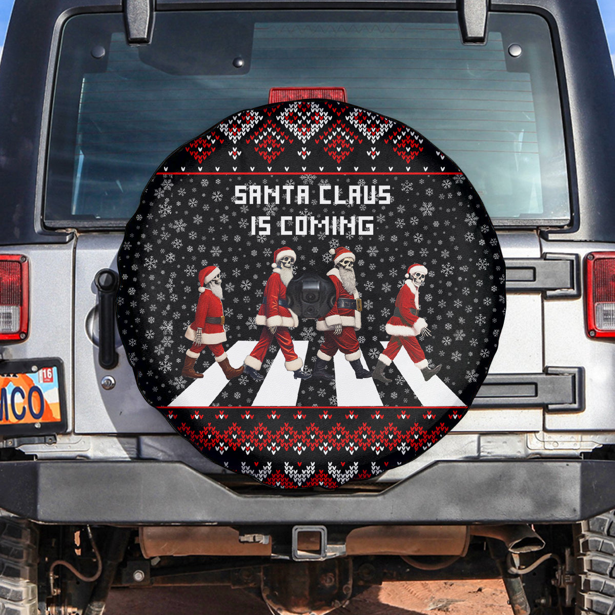 Skeleton Santa Claus Spare Tire Cover Santa Claus Is Coming Cross Street - Wonder Print Shop