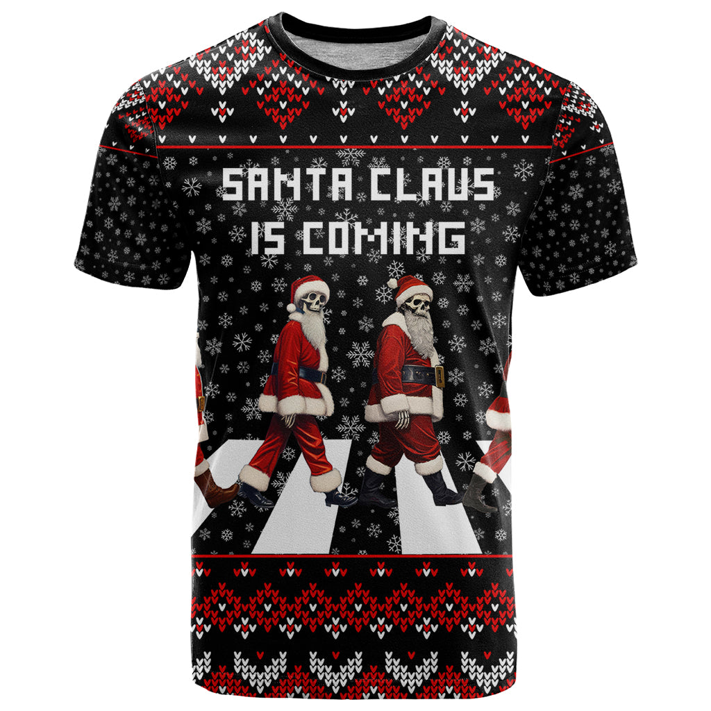Skeleton Santa Claus T Shirt Santa Claus Is Coming Cross Street - Wonder Print Shop