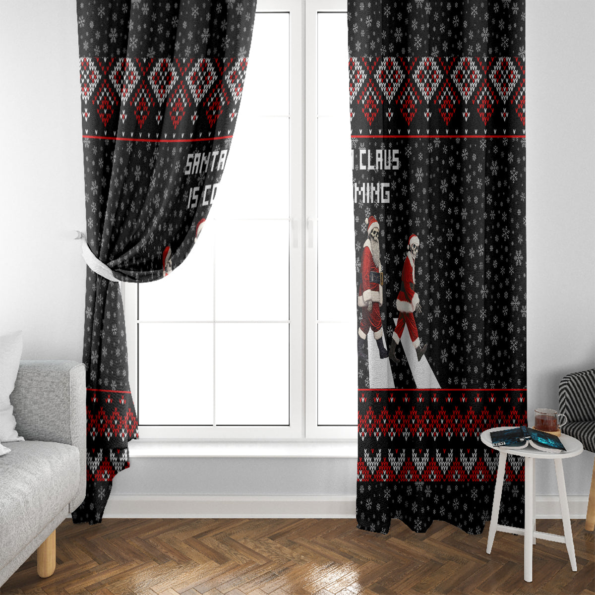Skeleton Santa Claus Window Curtain Santa Claus Is Coming Cross Street - Wonder Print Shop