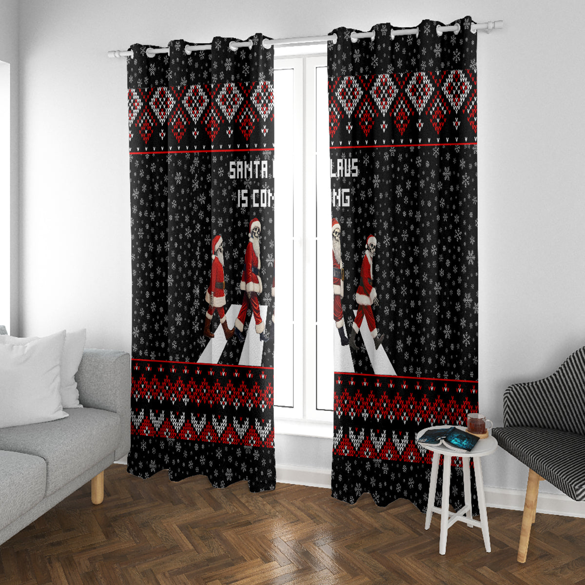 Skeleton Santa Claus Window Curtain Santa Claus Is Coming Cross Street - Wonder Print Shop