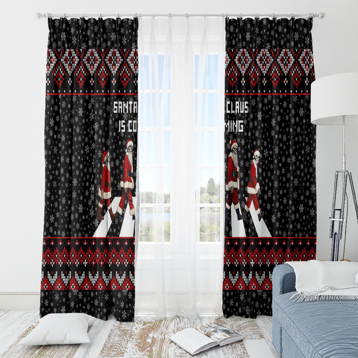 Skeleton Santa Claus Window Curtain Santa Claus Is Coming Cross Street - Wonder Print Shop