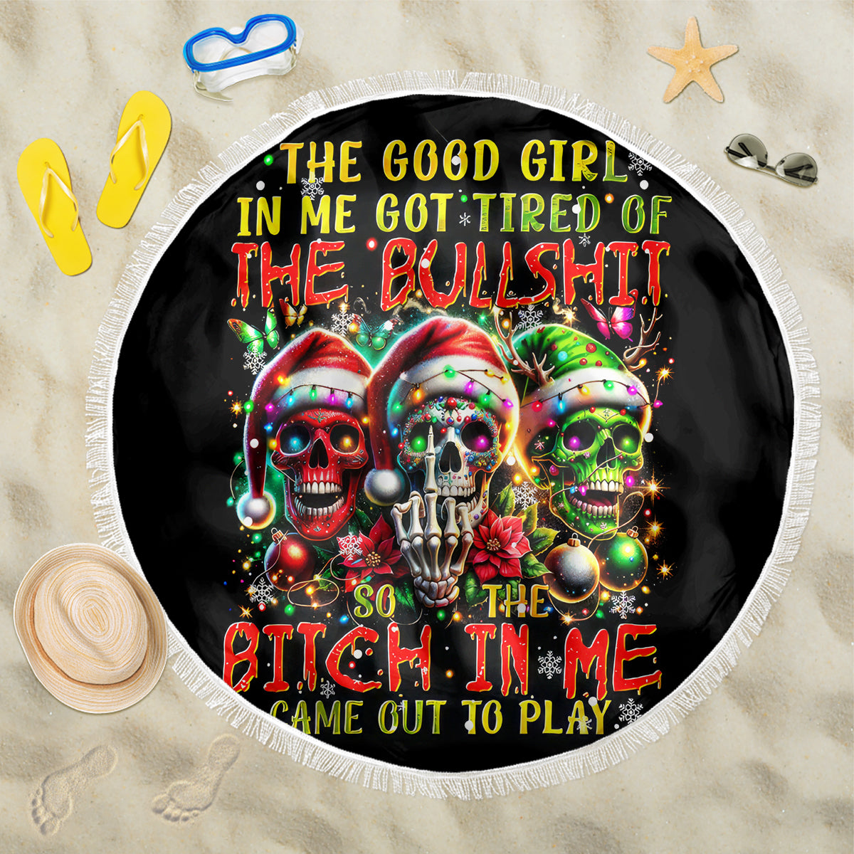 Sugar Skull Santa Beach Blanket The Good Girl In Me Got Tired So Bitch In Me Came Out - Wonder Print Shop