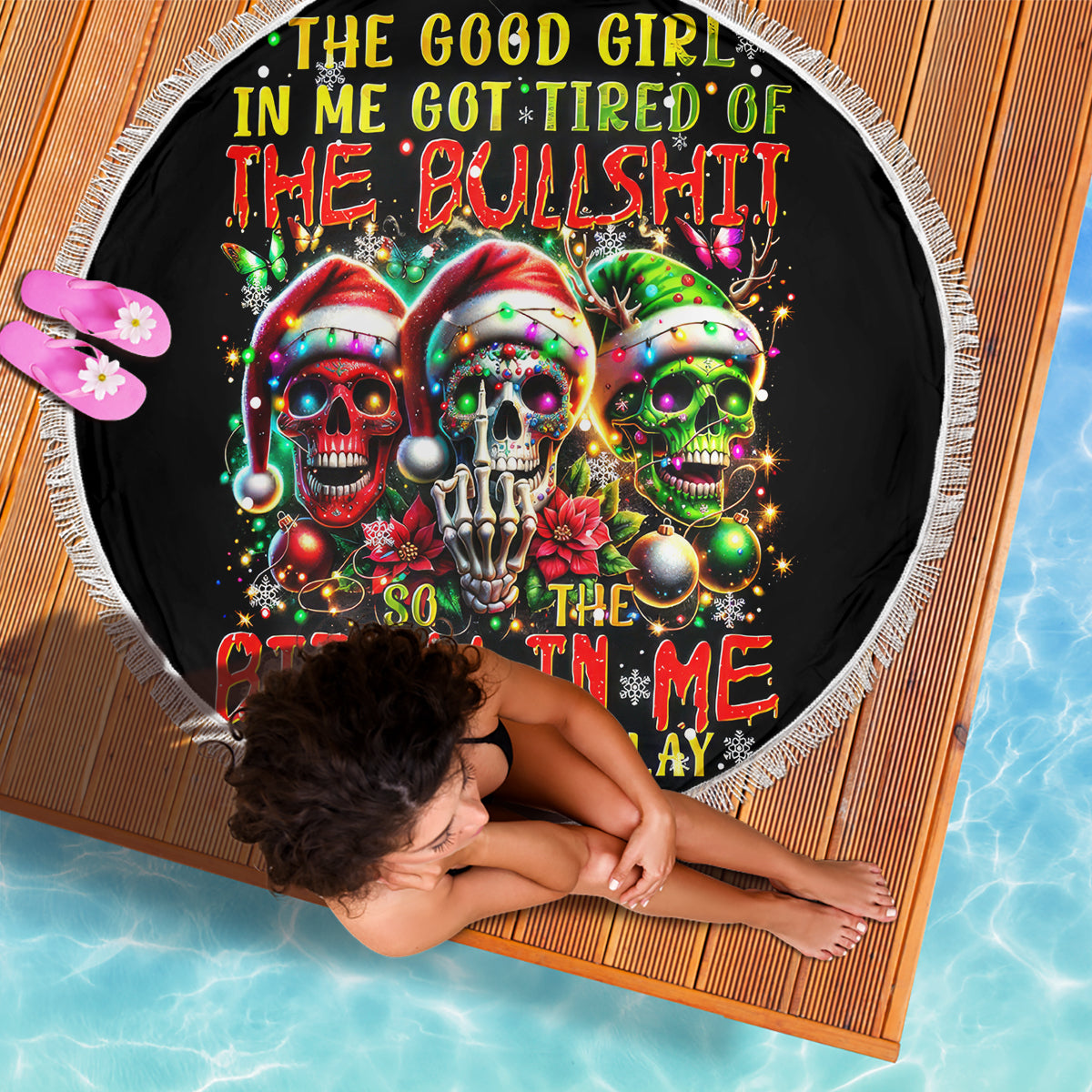 Sugar Skull Santa Beach Blanket The Good Girl In Me Got Tired So Bitch In Me Came Out - Wonder Print Shop