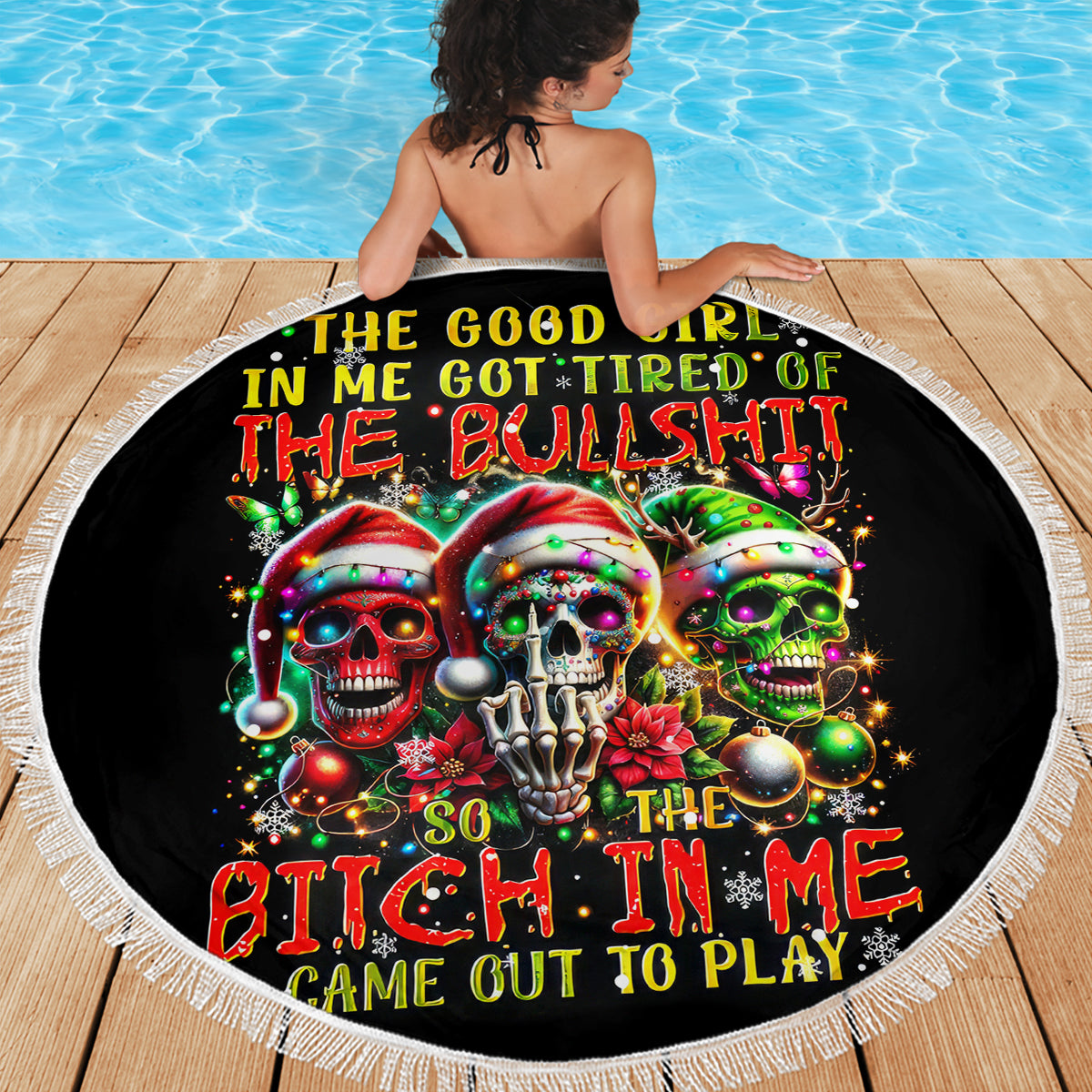 Sugar Skull Santa Beach Blanket The Good Girl In Me Got Tired So Bitch In Me Came Out - Wonder Print Shop