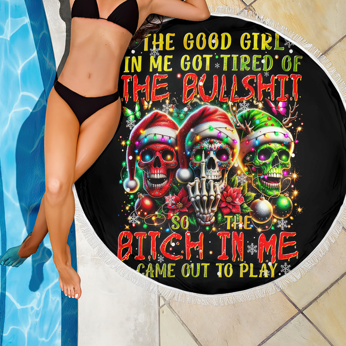 Sugar Skull Santa Beach Blanket The Good Girl In Me Got Tired So Bitch In Me Came Out - Wonder Print Shop