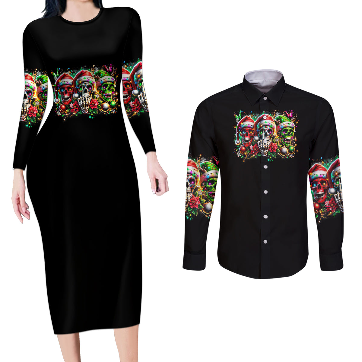 Sugar Skull Santa Couples Matching Long Sleeve Bodycon Dress and Long Sleeve Button Shirt The Good Girl In Me Got Tired So Bitch In Me Came Out - Wonder Print Shop