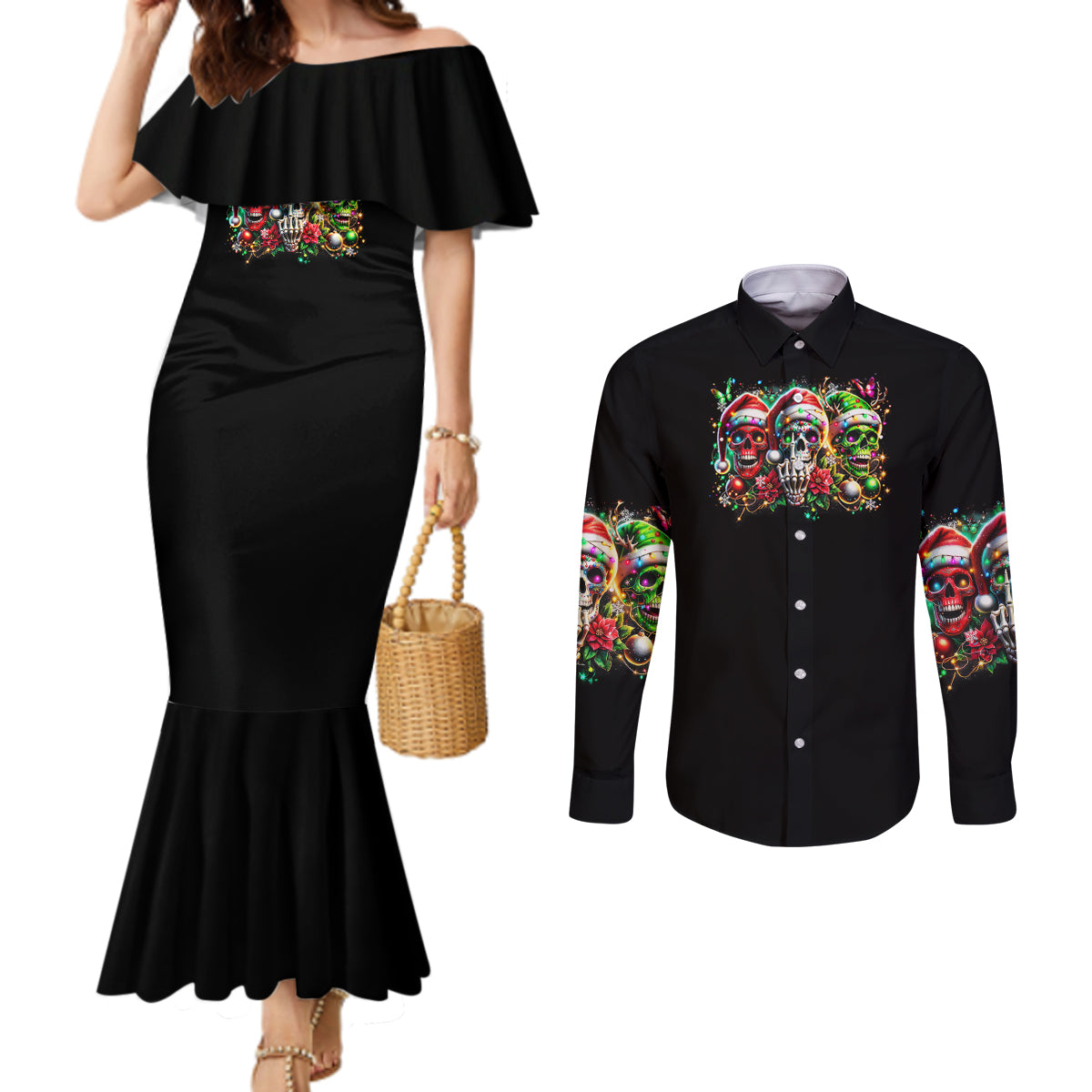 sugar-skull-santa-couples-matching-mermaid-dress-and-long-sleeve-button-shirt-the-good-girl-in-me-got-tired-so-bitch-in-me-came-out