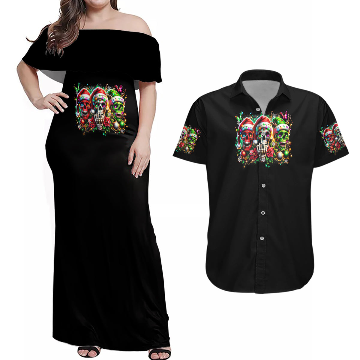 Sugar Skull Santa Couples Matching Off Shoulder Maxi Dress and Hawaiian Shirt The Good Girl In Me Got Tired So Bitch In Me Came Out - Wonder Print Shop