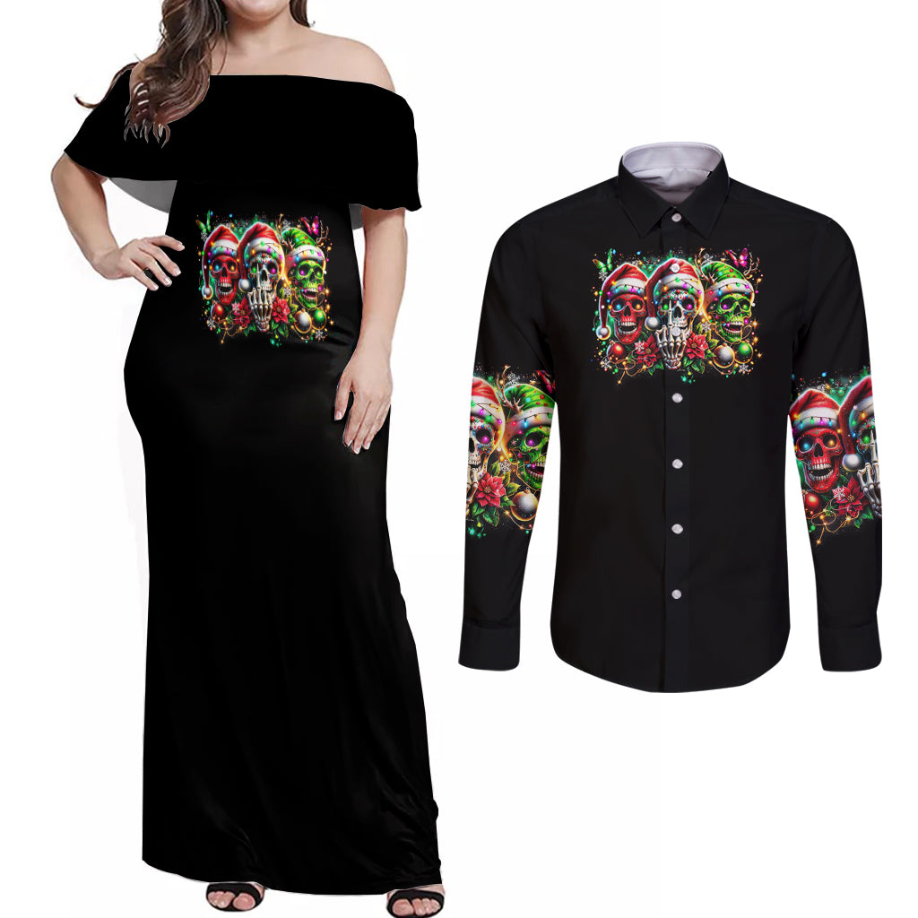 Sugar Skull Santa Couples Matching Off Shoulder Maxi Dress and Long Sleeve Button Shirt The Good Girl In Me Got Tired So Bitch In Me Came Out - Wonder Print Shop