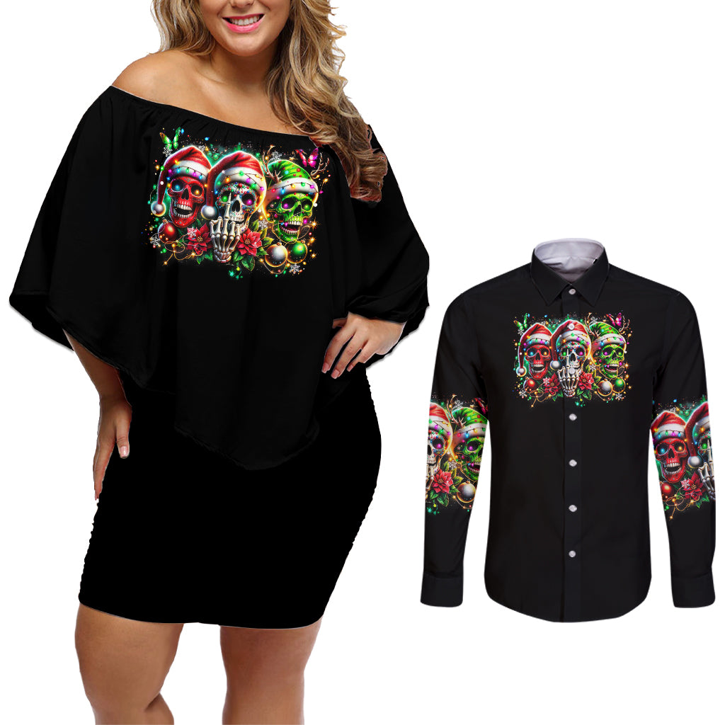 Sugar Skull Santa Couples Matching Off Shoulder Short Dress and Long Sleeve Button Shirt The Good Girl In Me Got Tired So Bitch In Me Came Out - Wonder Print Shop