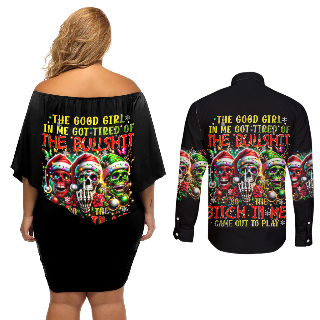 Sugar Skull Santa Couples Matching Off Shoulder Short Dress and Long Sleeve Button Shirt The Good Girl In Me Got Tired So Bitch In Me Came Out - Wonder Print Shop