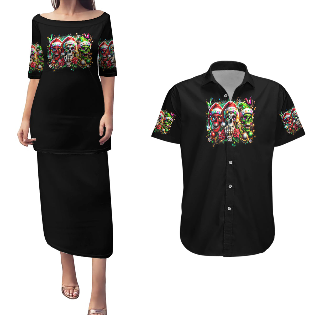 Sugar Skull Santa Couples Matching Puletasi Dress and Hawaiian Shirt The Good Girl In Me Got Tired So Bitch In Me Came Out - Wonder Print Shop