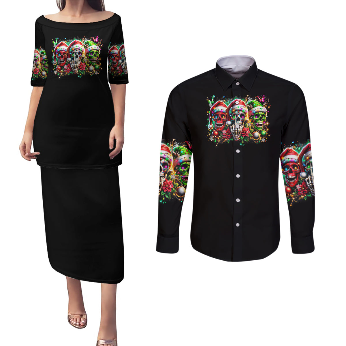 Sugar Skull Santa Couples Matching Puletasi Dress and Long Sleeve Button Shirt The Good Girl In Me Got Tired So Bitch In Me Came Out - Wonder Print Shop