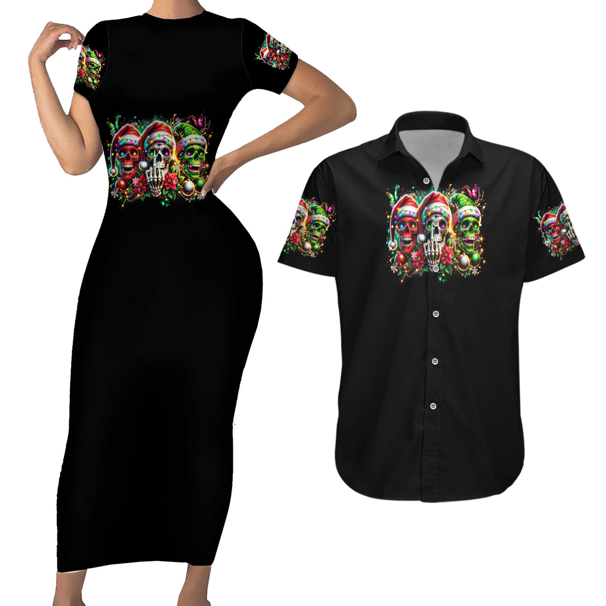 Sugar Skull Santa Couples Matching Short Sleeve Bodycon Dress and Hawaiian Shirt The Good Girl In Me Got Tired So Bitch In Me Came Out - Wonder Print Shop