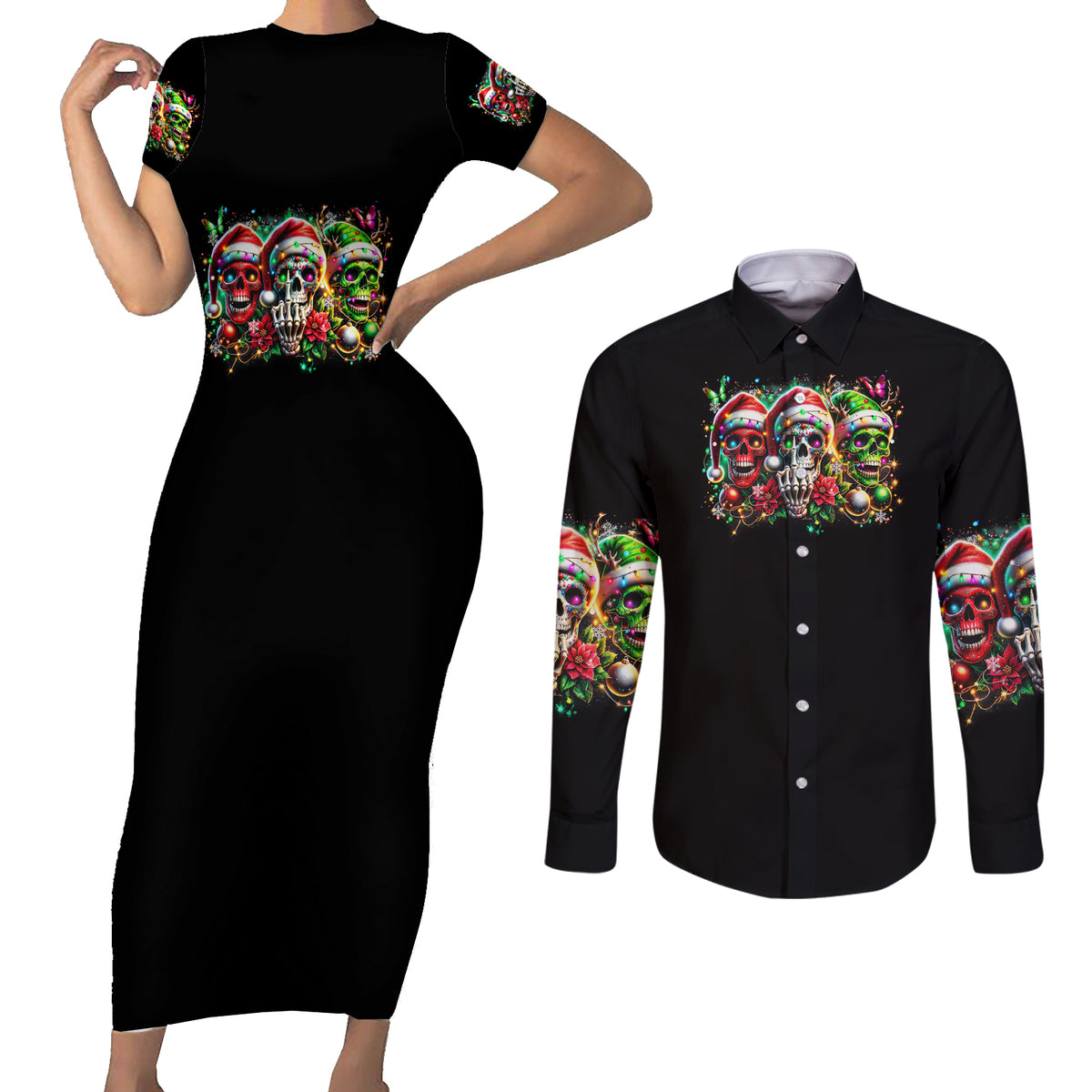 Sugar Skull Santa Couples Matching Short Sleeve Bodycon Dress and Long Sleeve Button Shirt The Good Girl In Me Got Tired So Bitch In Me Came Out - Wonder Print Shop