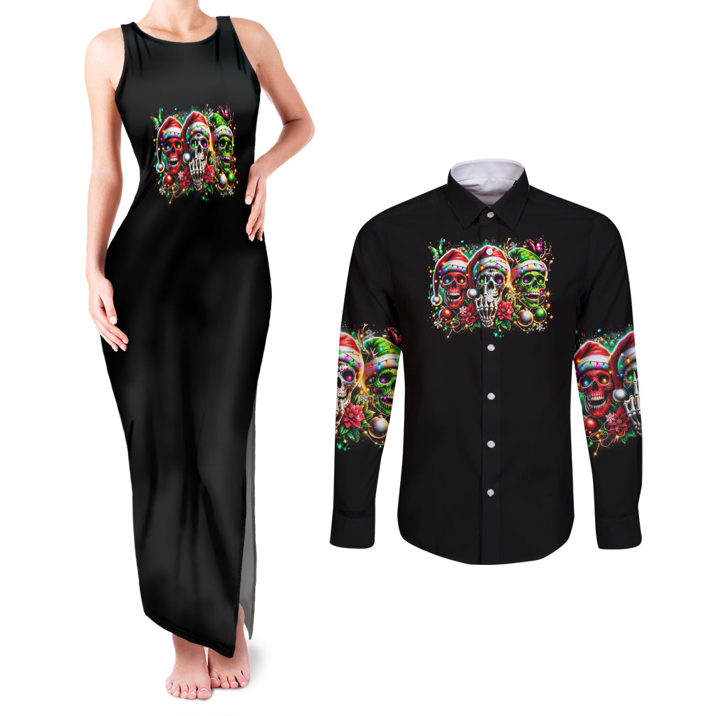 Sugar Skull Santa Couples Matching Tank Maxi Dress and Long Sleeve Button Shirt The Good Girl In Me Got Tired So Bitch In Me Came Out - Wonder Print Shop