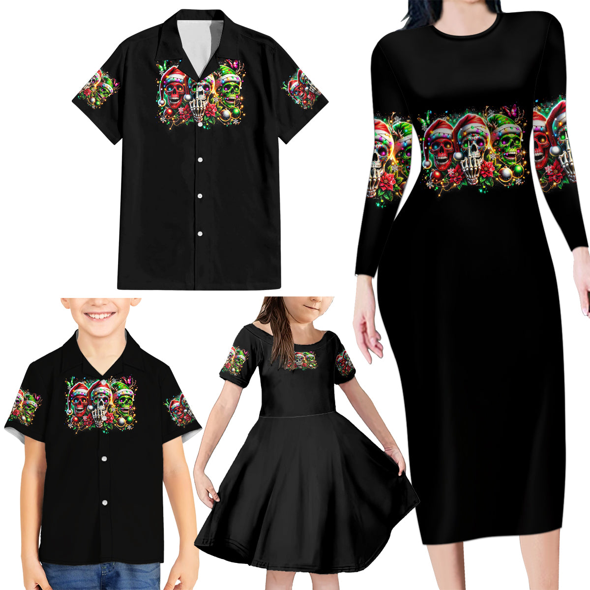 Sugar Skull Santa Family Matching Long Sleeve Bodycon Dress and Hawaiian Shirt The Good Girl In Me Got Tired So Bitch In Me Came Out - Wonder Print Shop